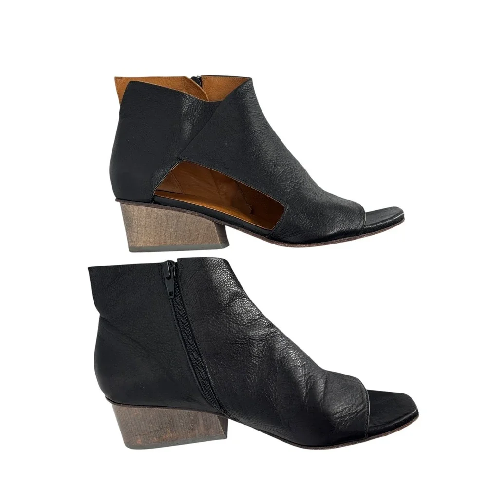 Coclico Leather Open Toe Booties Women Black Size 37 Wood Block Heel Spain